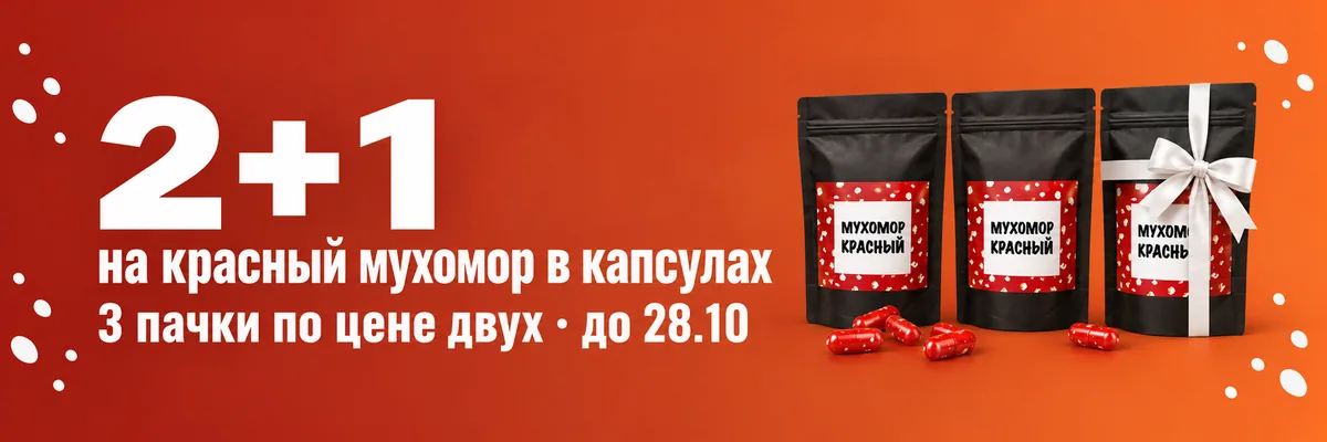 2+1 на красный мухомор в капсулах — 3 пачки по цене двух, до 28.10